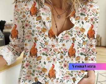 Floral Chicken Linen Shirt, Women Chicken Shirt, Chicken Girl Shirt, Farm Women Blouses, Chicken Shirt, Chicken Lover Shirt