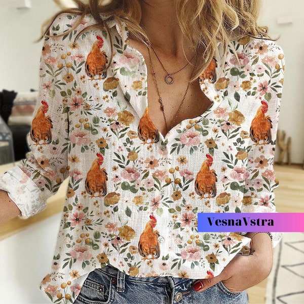 Floral Chicken Linen Shirt, Women Chicken Shirt, Chicken Girl Shirt, Farm Women Blouses, Chicken Shirt, Chicken Lover Shirt