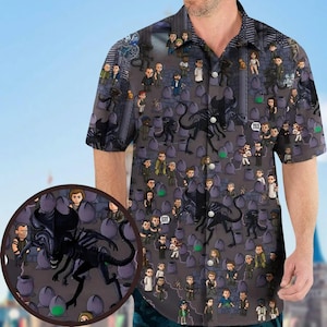 Halloween Xenomorph Alien Hawaiian Shirt, Ovomorph Egg Shirt, Horror Characters Button Up Shirt, Alien Movie Gifts, Space Horror Shirt