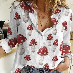 Pilz Bluse Shirt, Natur Frauen Shirt, Botanisches Freizeithemd, Pilz Liebhaber Geschenk, Gärtner Langarm Shirt