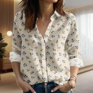 Blue Floral Blouse Shirt, Flowers Women Shirt, Light Vacation Women Shirt, Nature Lovers Gift, Gift For Her