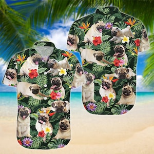 Flower Pug Shirt, Pug Hawaiian Shirt/Man Shorts, Button Up Shirt, Pug Shirt Men, Pug Hawaiian Aloha Shirt, Honeymoon Shirt