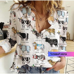 Kuh Leinen Shirt Frauen, Kuh Shirt für Mama, lustiges Kuh Shirt, Frauen Blusen, Kuh Farm Casual Shirt, Färse Shirt, Kuh Geschenke für Sie