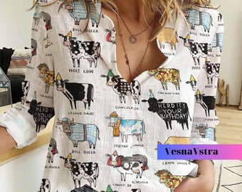 Cow Linen Shirt Women, Cow Shirt For Mom, Funny Cow Shirt, Women Blouses, Cow Farm Casual Shirt, Heifer Shirt, Cow Gifts For Her