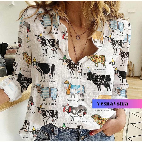 Cow Linen Shirt Women, Cow Shirt For Mom, Funny Cow Shirt, Women Blouses, Cow Farm Casual Shirt, Heifer Shirt, Cow Gifts For Her