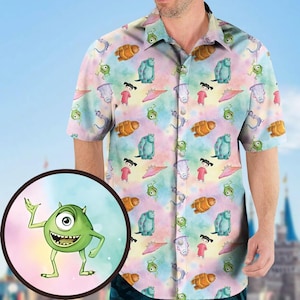 Camisa hawaiana de Monster Inc., camisa con botones de Monster Inc., camisa de Monsters University, camisa hawaiana de Mike y Sully, camisa de vacaciones