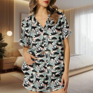 Black Cat Satin Pajamas, Floral Cat Pajamas Set, Cat Silk Pajamas, Cat Mom Short Pajamas, Animal Lover Gift