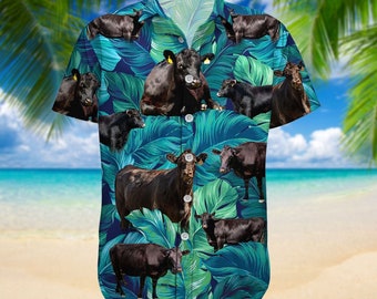 Chemise hawaïenne noire de bovins de vache Angus, chemise de vache Angus, chemise hawaïenne de vache, chemise tropicale de bétail, chemise boutonnée, cadeau pour agriculteur