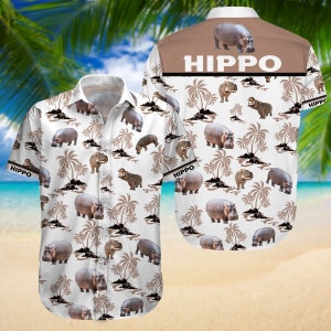 Hippo Shirt, Hippopotamus Button Shirt, Short Sleeve Shirt, Button Up Shirt, Hippo Aloha Shirt, Animal Lover Shirt,  Bachelor Party Shirt