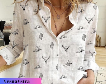 Cowgirl Western Women&#39;s Linen-Look Shirt, Texas Country Casual Shirt, Women Blouses, Funny Blouse Women Shirt, Western Girl Shirt