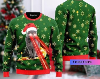 Pizza Cat With Laser Eyes Ugly Christmas Sweater, Cats Xmas Sweater, Cats Ugly Sweater, Pizza Cat Sweater, Cat Pizza, Sweater For Men