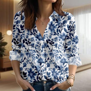 Blue Floral Blouse Shirt, Flower Shirt For Women Down Blouse, Lightweight Casual Vacation Top, Summer Vibes Shirt