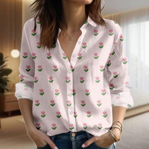 Pink Tulip Blouse Shirt, Botanical Floral Women Shirt, Cottagecore Casual Shirt, Gift for Gardener