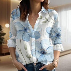 Blue Floral Blouse Shirt, Elegant Summer Shirt, Garden Lover Women Shirt, Vacation Shirt, Gift For Her