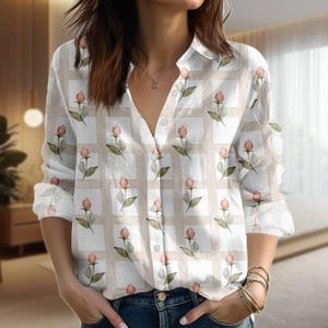 Brown Flowers Blouse Shirt, Vintage Floral Women Shirt, Nature Lover Gift, Long Sleeve Shirt, Gift For Her