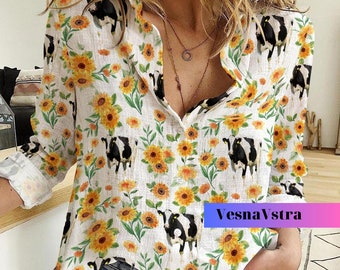 Holstein Friesian Cattle Linen Shirt, Sunflower Pattern Cattle Casual Shirt, Cattle Women Blouses, Cow Blouse Women Shirt