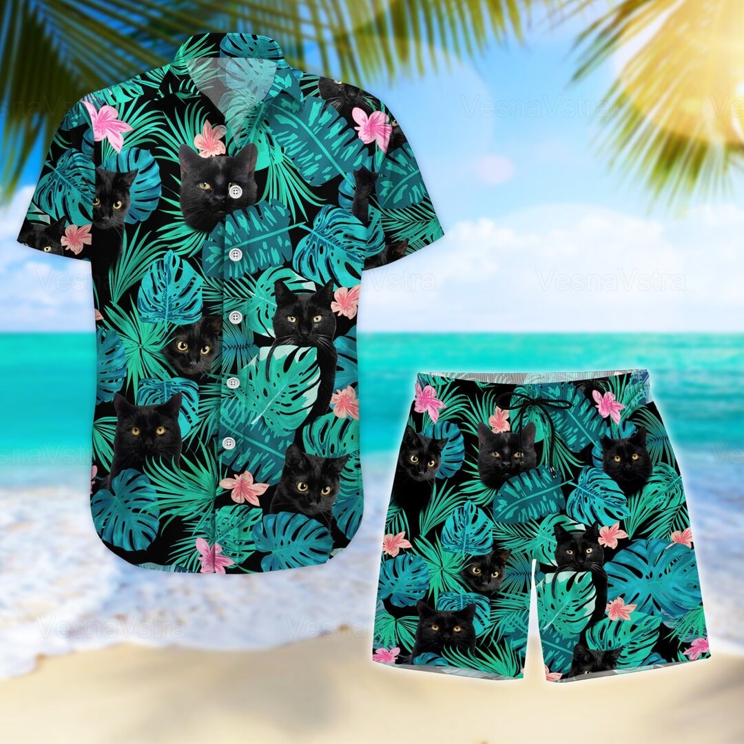 Black Cat Hawaiian Shirt/man Shorts, Black Cat Shirt Men, Cat Hawaii