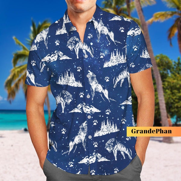 Wolf Shirt, Wolf Hawaiian Shirt, Wolf Shirt For Men, Button Up Shirt, Wolf Beach Shirt, Hawaiian Shirt Men Women