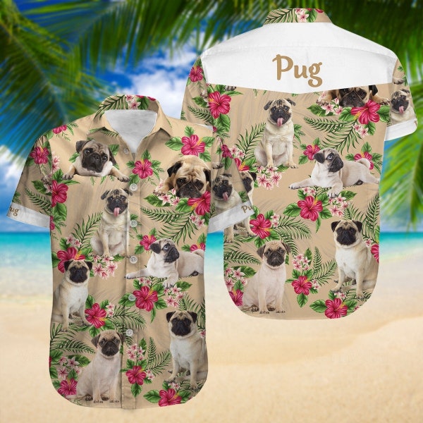 Floral Mops Shirt, Mops Hawaii Hemd, Button Up Shirt, Mops Strand Sommer Shirt, Hunde-Liebhaber Geschenk, Junggesellenparty Hawaiian Dog Shirt