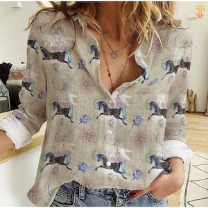 Horse Blouse Shirt, Horse Casual Shirt, Horse Women Blouses, Gift For Horse Lover, Western Women Shirt, Long Sleeve Shirt