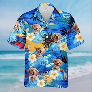 Aangepaste foto Hawaiiaans shirt hond kat gezicht, aangepast unisex Hawaiiaans aloha shirt, cadeau voor eigenaren van gezelschapsdieren, strandvakantie, vrijgezellenfeest cadeau