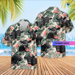 Schwarzes Angus Hawaii Hemd, Rinder Hawaii Hemd, Blumen Hawaii Hemd, schwarzes Kuh Knopf Hemd, Kuh Hawaii Hemd, Pflanze Hawaii Hemd