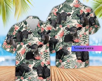 Chemise hawaïenne Angus noire, chemise hawaïenne bovine, chemise hawaïenne à fleurs, chemise boutonnée vache noire, chemise hawaïenne vache, chemise hawaïenne plante