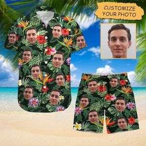 Custom Face Button Shirt With Photo, Personalized Photo Flower Print Tshirts, Face Shirt For Beach Family Travel, Bachelor Party Shirt