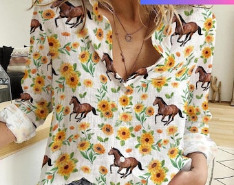 Pferd Leinen Hemd, Sonnenblumen Muster Pferd Freizeithemd, Pferd Frauen Blusen, Sonnenblumen Hemd, Langarm Hemd, Blusen Oberteile Frauen