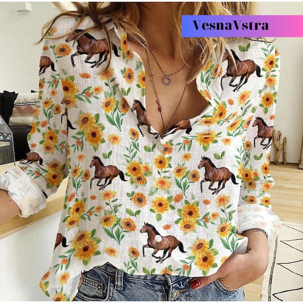 Horse Linen Shirt, Sunflower Pattern Horse Casual Shirt, Horse Women Blouses, Sunflower Shirt, Long Sleeve Shirt, Blouses Tops Women