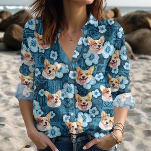 Corgi Blouse Shirt, Funny Dog Button Up Shirt, Cute Animal Shirt, Long Sleeve Shirt, Tropical Vacation Shirt, Animal Lover Gift