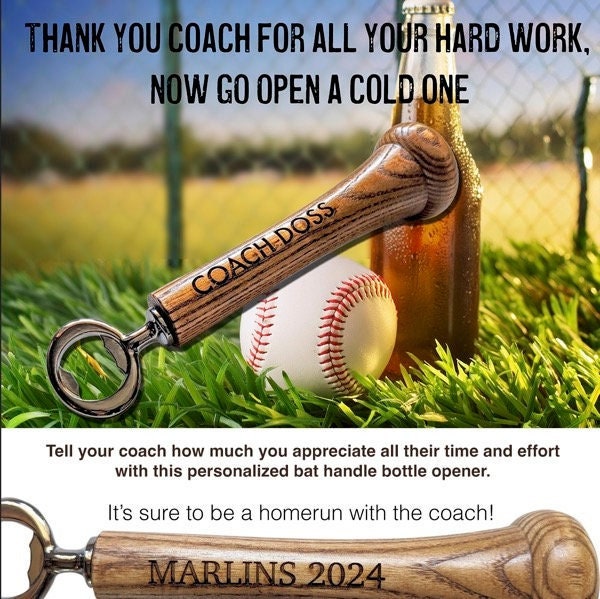 Fathers day gift, Coaches gift, Baseball dad gift, Baseball bat handle bottle opener. Personalized with laser engraved name and team