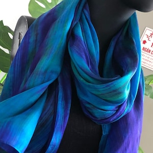 100% Silk Boho Scarf Marbling Art Scarf Birthday Gift for Her Hand Painted Scarf Unique Handmade Scarf Ombre Scarf Mix of Blues and Purples