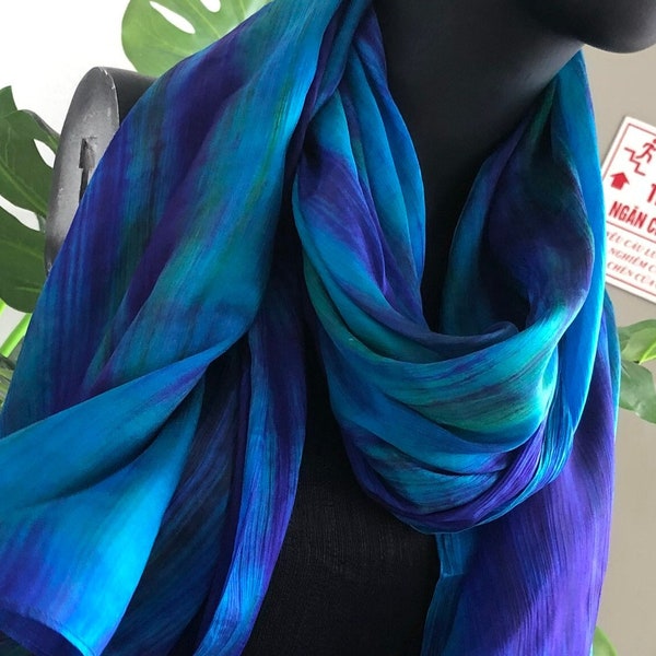 100% Silk Scarf Marbling Scarf Birthday Gift for Wife Hand Painted Scarf Unique Handmade Scarf Ombre Scarf Mix of Blue and Purple Girlfriend