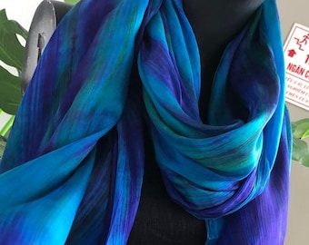 100% Silk Scarf Marbling Scarf Birthday Gift for Wife Hand Painted Scarf Unique Handmade Scarf Ombre Scarf Mix of Blue and Purple Girlfriend