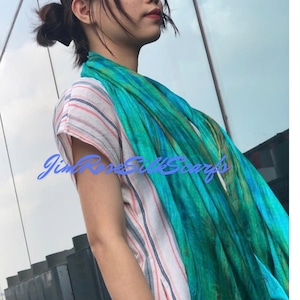 Handmade Gift 100% Pure Silk Scarf Green Silk Scarf Self-Care Gifts for Women Silk Head Scarf Ombre Silk Scarf Mix of Greens, Oranges, Blue