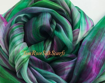 Birthday Gift 100% Ombre Silk Scarf Mix of Greens, Purple Silk Scarf Leaf Green Spring Summer Scarf Head Silk Scarf for Chemo Patient Scarf