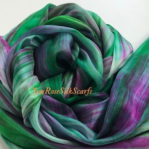 Birthday Gift 100% Pure Silk Scarf Ombre Mix of Greens, Purple Silk Scarf Birthday Gift for Her Handmade Head Scarf Grandma Mother&#39;s Day