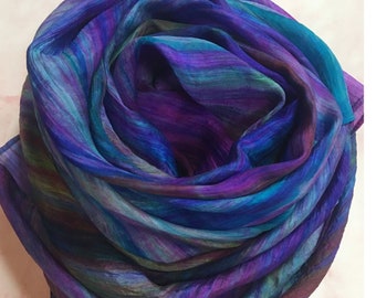 Ombre Silk Scarf Mix of Purple, Green, Blue, Pink Shades Silk Scarves Long 100% Silk Purple Handmade Scarf Birthday Gift Mother's Day Gift