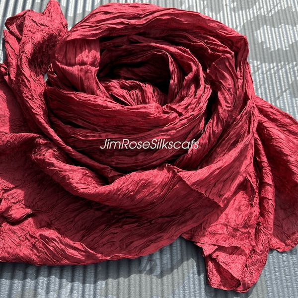 Red Crinkle Silk Scarf 100% Pure Silk Long Scarf Wine Plain Silk Scarf for Women Boho Silk Scarf Birthday Craft Gift Christmas Gift for Her