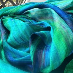 Handmade Mulberry Silk Scarf: Green, Purple & Blue Water Signature