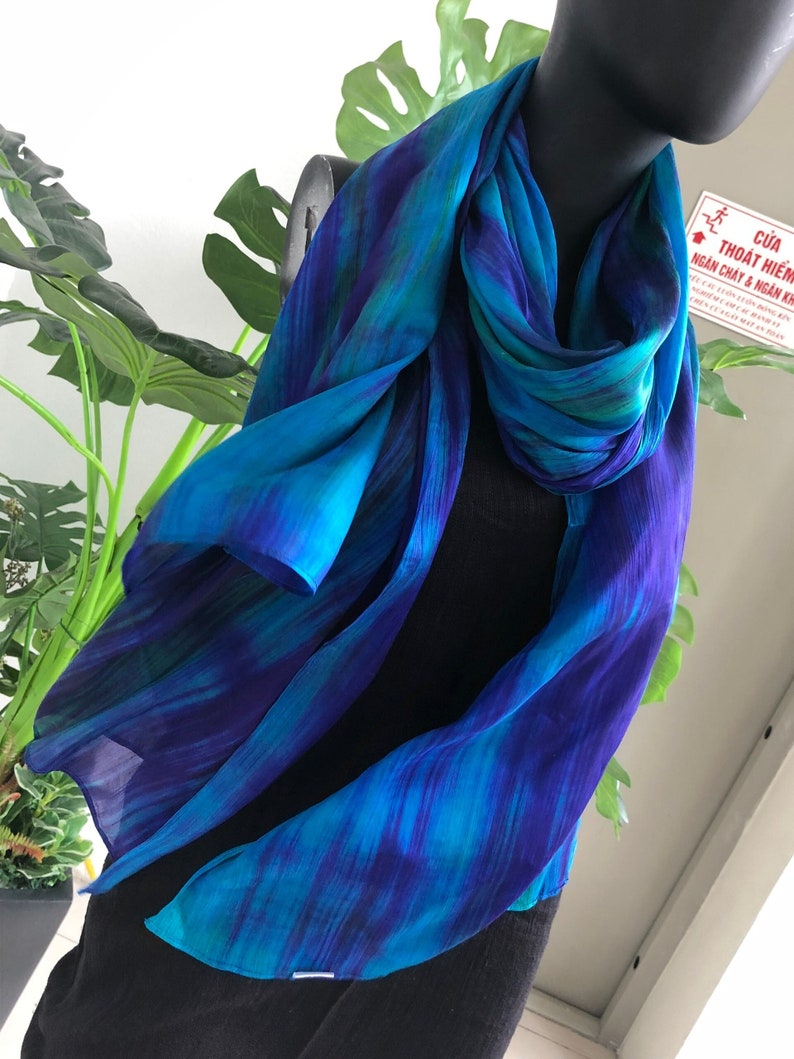 100% Silk Scarf Marbling Scarf Birthday Gift for Wife Hand Painted Scarf Unique Handmade Scarf Ombre Scarf Mix of Blue and Purple Girlfriend image 1