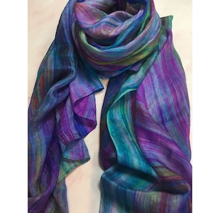 100% Pure Silk Scarf Birthday Gift for Her Wedding Wrap Scarf Rainbow Silk Scarf Ombre Silk Scarf Mix of Purple, Blue, Green Brown Christmas