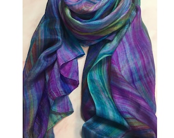 100% Pure Silk Scarf Birthday Gift for Her Wedding Wrap Scarf Hippies Silk Scarf Ombre Scarf Mix of Purple, Blue, Green Brown Hippie Style