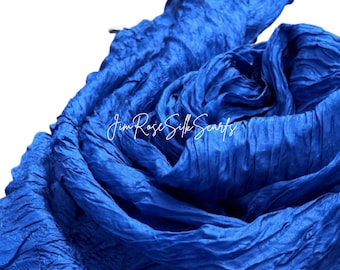 Italian Blue 100% Pure Plain Silk Scarf - Silk Crinkle Scarf - Mother Day Gift - Head Covering Scarf for Hair Loss - Wedding Wrap Silk Scarf