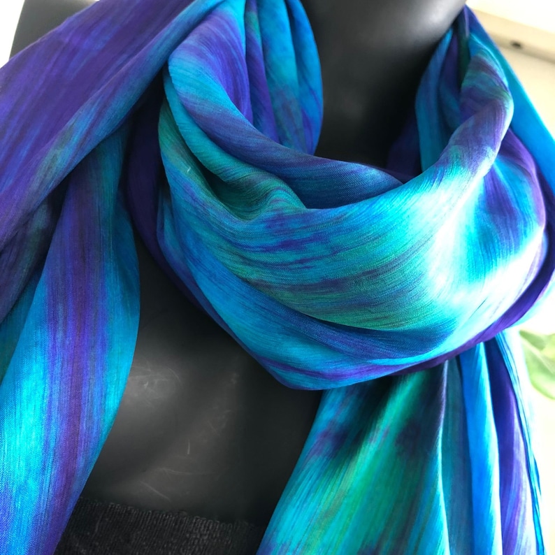 100% Silk Scarf Marbling Scarf Birthday Gift for Wife Hand Painted Scarf Unique Handmade Scarf Ombre Scarf Mix of Blue and Purple Girlfriend image 6