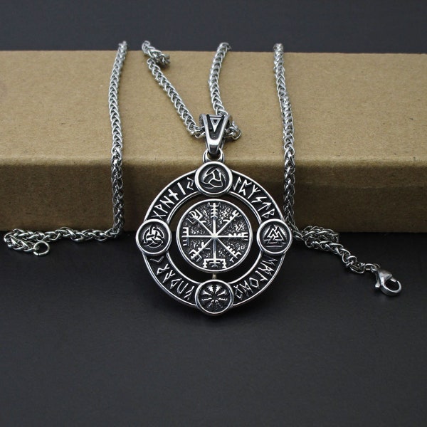 Vegvisir Pendant, Viking Compass Runic Compass Spinner Pendant, Valknut and Triquetra