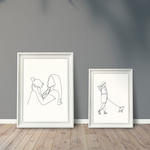 Mädchen und Hund Linie Art Print/Haustier und Besitzer Wand Kunst/Hundeliebhaber Geschenk/Poster/Wand-Dekor/Printable/Digital Download/Hund Frau/Zeichnung/L293