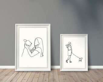 Impressão de arte de linha de menina e cachorro/Arte de parede de animal de estimação e proprietário/Presente de amante de cachorro/Pôster/Decoração de parede/Imprimível/Download digital/Mulher de cachorro/Desenho/L293