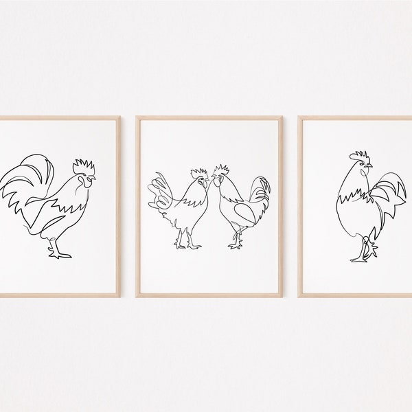 3 Coq Poule Wall Art Print/Poulet Imprimable/Ferme Animal Affiche/Ferme Maison Mur Décor/Ligne Art Dessin/Pépinière/Digital Art Download/L282